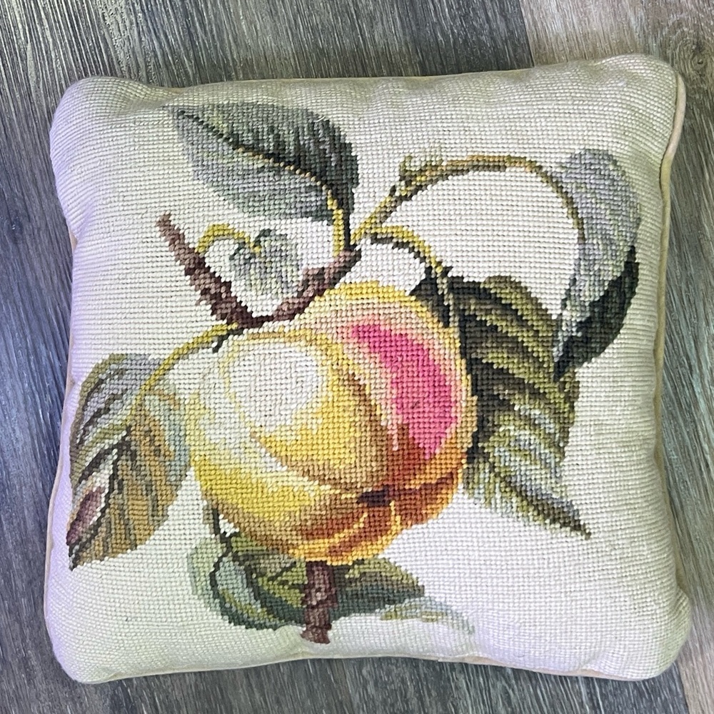 Vintage peach design needle point accent pillow with yellow velour back